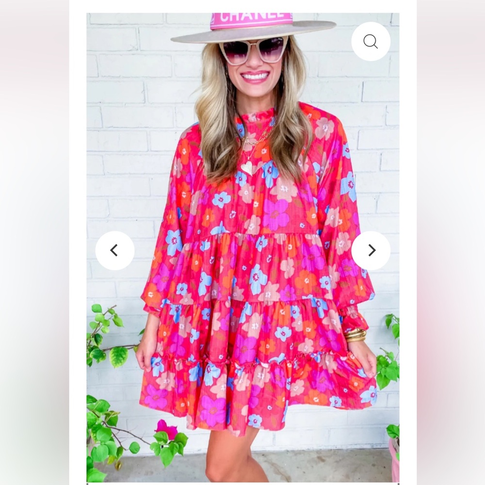PINKCOLADO Multicolour Floral  Bubble Sleeve
Tiered Babydoll Dress Sz: Medium
